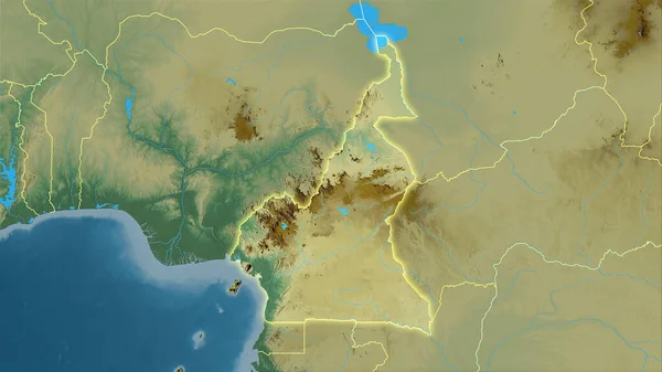 立体投影地形图上的喀麦隆地区 发光轮廓光栅层的原始组成 — 图库照片