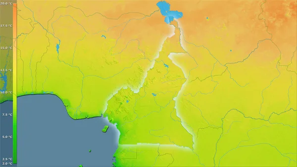 图例立体投影中喀麦隆地区白天平均气温变化 发光轮廓光栅层的原始组成 — 图库照片