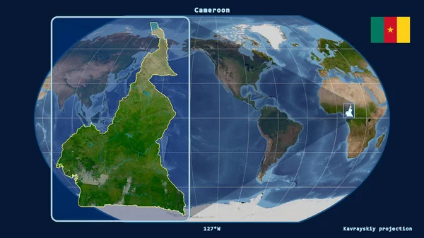 Zoomed View Cameroon Outline Perspective Lines Global Map Kavrayskiy Projection — Stock Photo, Image