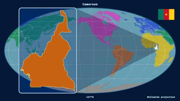 Zbliżenie Kontur Kamerunu Liniami Perspektywicznymi Stosunku Globalnej Mapy Projekcji Mollweide — Zdjęcie stockowe