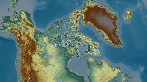 Nunavut Territorio Canadá Relieve Colores Con Lagos Ríos Forma Delineada —  Fotos de Stock