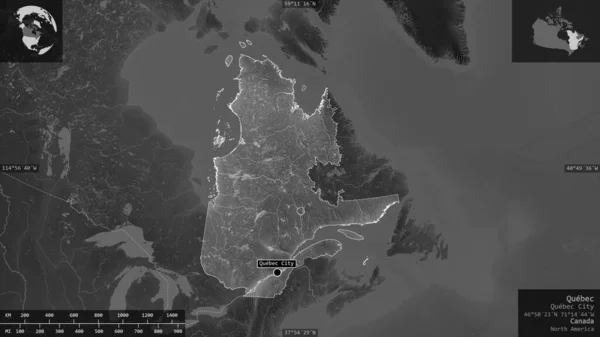 Quebec , province of Canada. Grayscaled map with lakes and rivers. Shape presented against its country area with informative overlays. 3D rendering