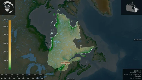 Quebec , province of Canada. Colored shader data with lakes and rivers. Shape presented against its country area with informative overlays. 3D rendering