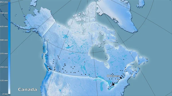 Осадки Самого Влажного Месяца Территории Канады Стереографической Проекции Легендой Основная — стоковое фото