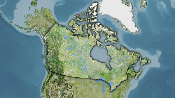 衛星上のカナダエリア立体投影の地図 暗い輝く輪郭を持つラスター層の生の組成 — ストック写真