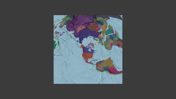 Square frame of the large-scale map of the world in an oblique Van der Grinten projection centered on the territory of Canada. Color map of the administrative division