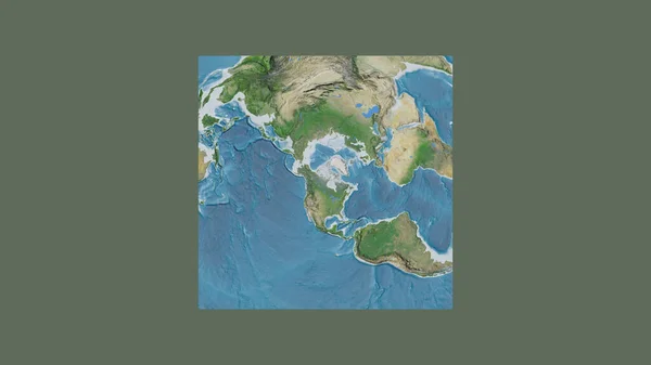 Square frame of the large-scale map of the world in an oblique Van der Grinten projection centered on the territory of Canada. Satellite imagery