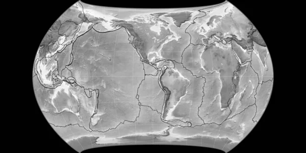 90西の経度を中心としたカンターズ ポリコニック プロジェクションの世界地図 グレースケール標高マップ 粒状プレートと地殻プレートの境界とラスターの複合体 3Dイラスト — ストック写真