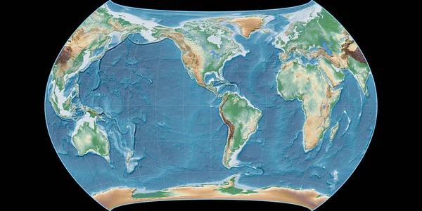 坎特斯多边形投影的世界地图以西经90度为中心 彩色着色着色机 高程地图原生的光栅与满意的复合材料 3D插图 — 图库照片