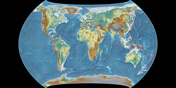 坎特斯多边形投影世界地图以东经11度为中心 地形图 具有满意边界和构造板块边界的栅格组合 3D插图 — 图库照片