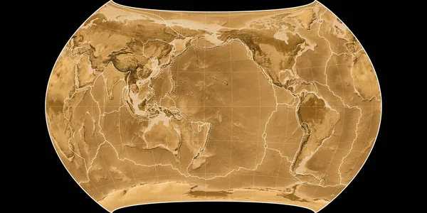 坎特斯多边形投影的世界地图以西经170度为中心 塞皮亚浅色的高程图 具有满意和构造板块边界的栅格组合物 3D插图 — 图库照片