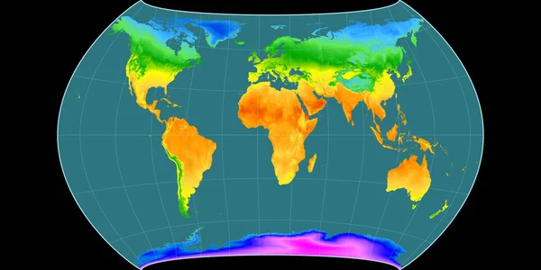 坎特斯多边形投影世界地图以东经11度为中心 平均年温度图 具有满意性能的栅格原料复合材料 3D插图 — 图库照片