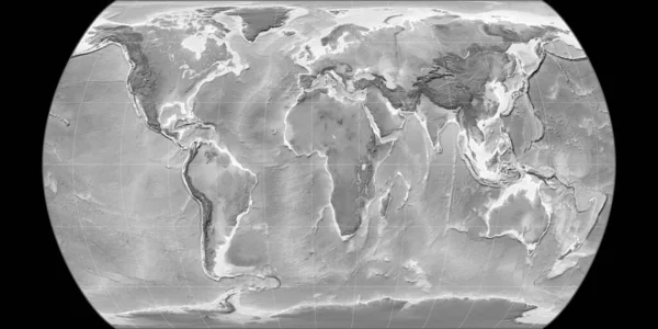 World Map Canters Pseudocylindric Projection Centered East Longitude Grayscale Elevation — Stock Photo, Image
