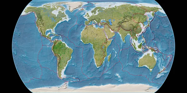 Canters伪圆环投影世界地图 以东经11度为中心 卫星图像B 具有满足和构造板块边界的栅格组合 3D插图 — 图库照片