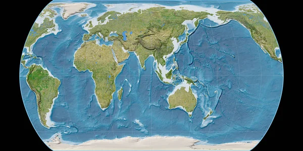 以东经90度为中心的Canters伪圆环投影世界地图 卫星图像B 具有满意效果的光栅的原始复合材料 3D插图 — 图库照片