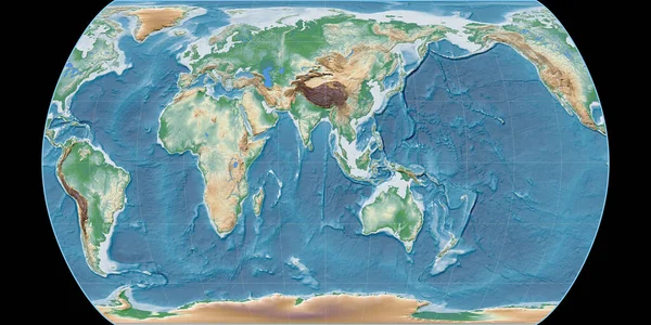 東経90度を中心とした黄道帯仮晶投影図中の世界地図 色シェーダー 標高マップ 粒状のラスターの生の複合体 3Dイラスト — ストック写真