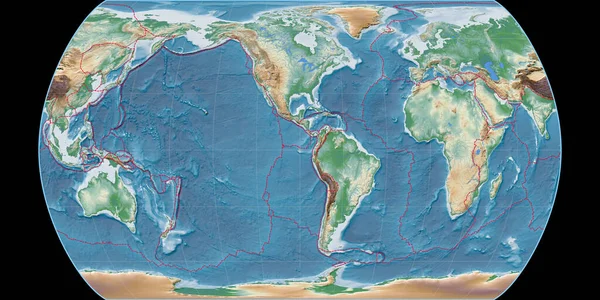 Světová Mapa Canters Pseudoválcová Projekce Zaměřená Západní Délky Barevné Stínítko — Stock fotografie