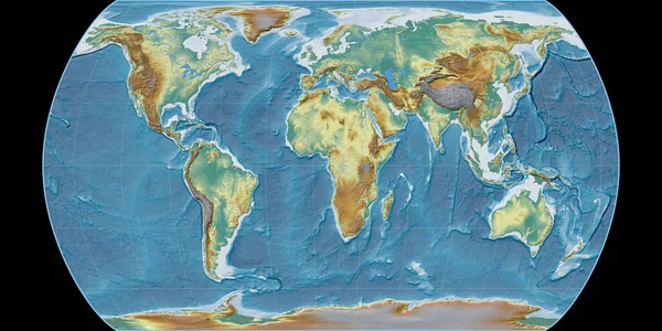 World Map Canters Pseudocylindric Projection 경도를 중심으로 지도이다 지형학적 Topographic — 스톡 사진