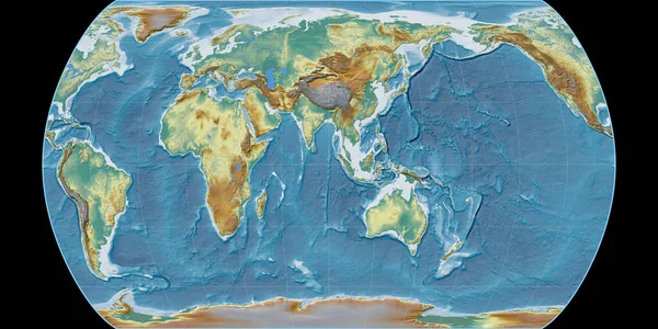 東経90度を中心とした黄道帯仮晶投影図中の世界地図 地形図 粒状のラスターの生の複合体 3Dイラスト — ストック写真