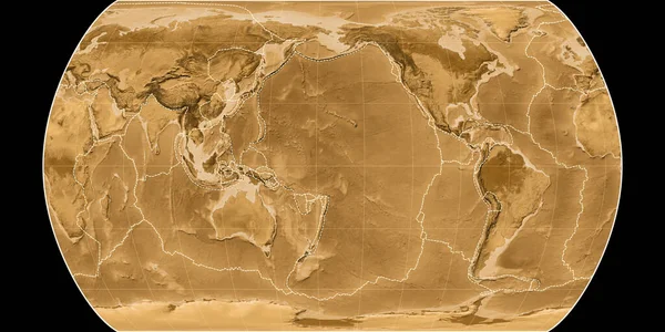 Världskarta Canters Pseudocylindric Projektion Centrerad 170 Västlig Longitud Sepia Tonad — Stockfoto