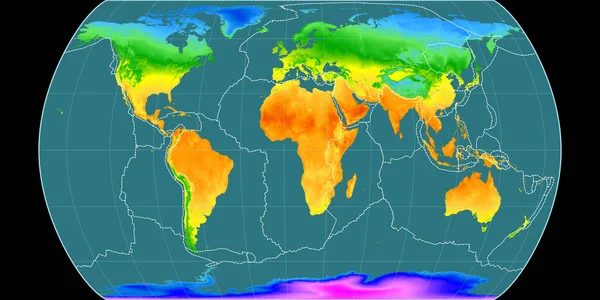 Canters伪圆环投影世界地图 以东经11度为中心 年平均温度图 具有满意和构造板块边界的栅格组合 3D插图 — 图库照片