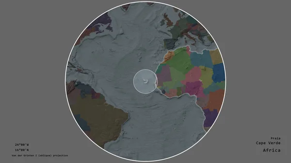 カーボベルデの地域は 荒廃した背景に対して隔離された大陸の大規模な地図上の円でマークされました 与えられた資本金の地理的条件と名前 行政庁のカラーマップ — ストック写真