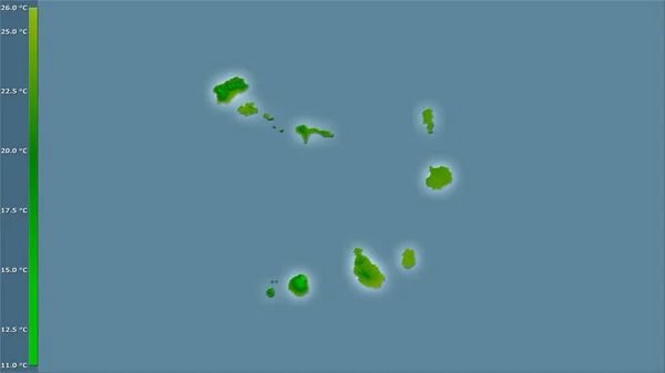 凡例付きの立体投影におけるカーボベルデ地域内の年間平均気温 光輝く輪郭を持つラスター層の生の組成 — ストック写真