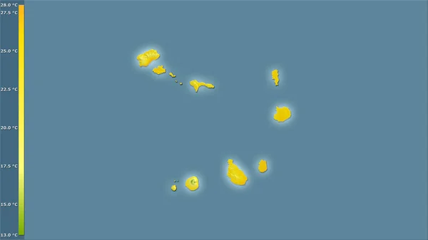 伝説との立体投影のカーボベルデ地域内で最も暖かい四半期の平均気温 光輝く輪郭を持つラスター層の生の組成 — ストック写真