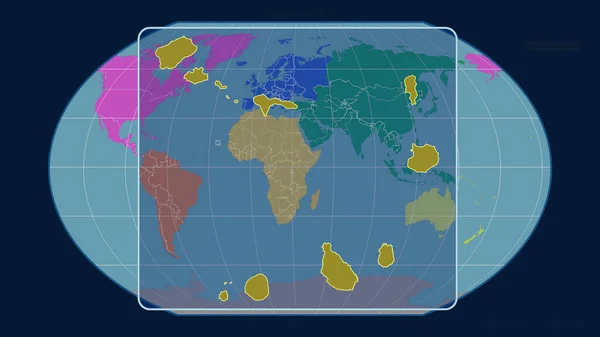 カヴァライスキー プロジェクションの世界地図に対する遠近法線を持つカーボベルデのアウトラインの拡大表示 形を中心に 大陸のカラーマップ — ストック写真