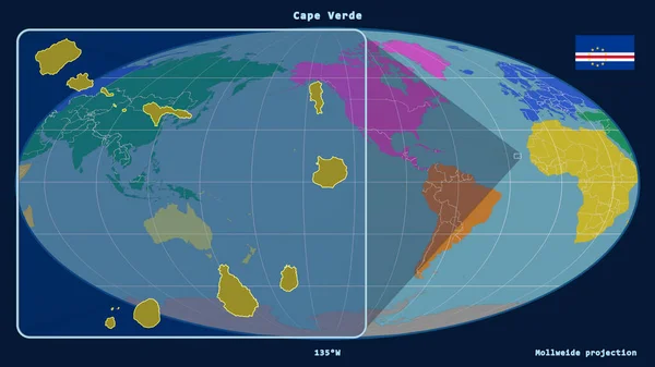 케이프 베르데 Cape Verde 윤곽을 Mollweide Projection 지도에 선으로 왼쪽에 — 스톡 사진