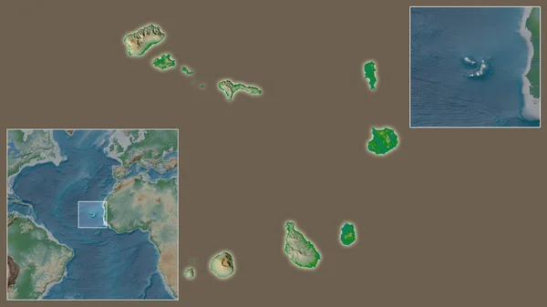 カーボベルデの閉鎖と地域と大規模な世界地図の中心部にあるその場所 地図の色 — ストック写真