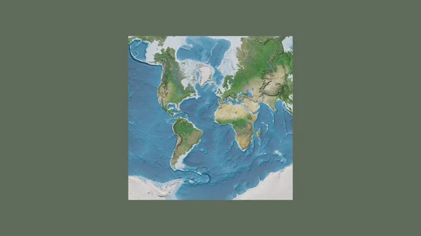 世界大比例尺地图的正方形框架 呈倾斜的范德格林登投影 以佛得角领土为中心 卫星图像 — 图库照片