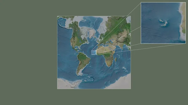 从世界大比例尺地图中提取出的佛得角扩大和扩大的区域 其主要线连接了框架的各个角落 卫星图像 — 图库照片