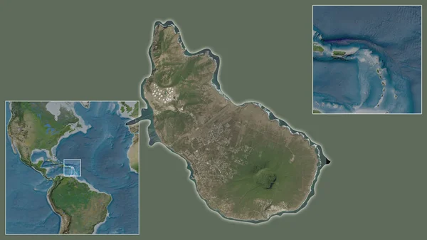 Close-up of Caribbean Netherlands Sint Eustatius and its location in the region and in the center of a large-scale world map. Satellite imagery