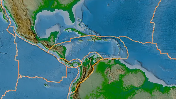 Tectonic plates borders on the physical map of areas adjacent to the Caribbean plate area. Van der Grinten I projection (oblique transformation)