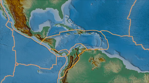 构造板块与加勒比海板块地区邻接区的地形图相邻 Van Der Grinten I投影 斜变换 — 图库照片