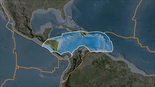 Placa Tectônica Caribenha Delineada Mapa Satélite Separada Por Dessaturação Suas — Fotografia de Stock