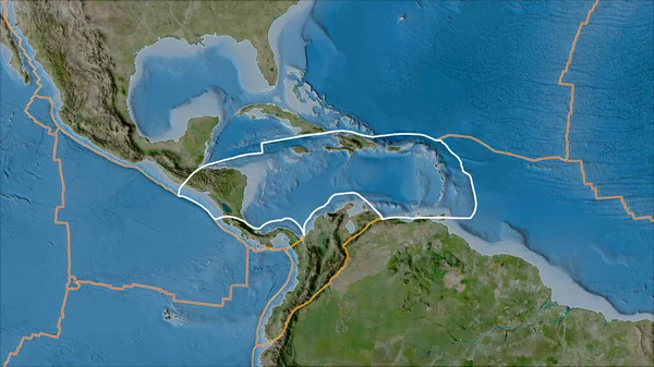 Placa Tectónica Caribeña Delineada Bordes Placas Adyacentes Mapa Satélite Proyección —  Fotos de Stock