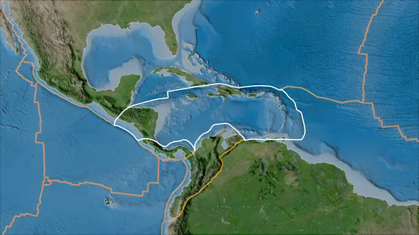 Placa Tectónica Caribenha Esboçada Bordas Placas Adjacentes Satélite Mapa Projeção — Fotografia de Stock