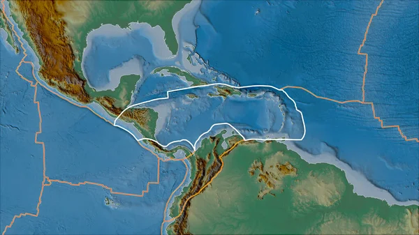 Obrysová Karibská Tektonická Deska Okraje Přilehlých Desek Reliéfní Mapě Projekci — Stock fotografie