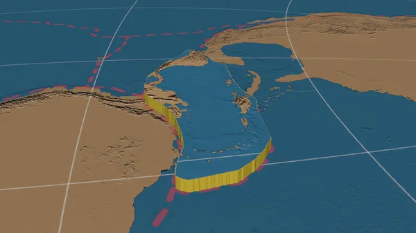 Caribbean tectonic plate enlarged, extruded and rotated to the east side the global grayscale elevation map in the Azimuthal Equidistant projection with dashed plates borders. 3D rendering