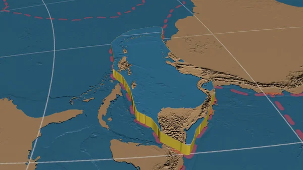 Caribbean tectonic plate enlarged, extruded and rotated to the west side the global grayscale elevation map in the Azimuthal Equidistant projection with dashed plates borders. 3D rendering