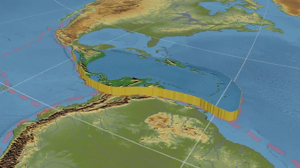 Caribbean tectonic plate enlarged and extruded the global color physical map in the Azimuthal Equidistant projection with dashed plates borders. 3D rendering