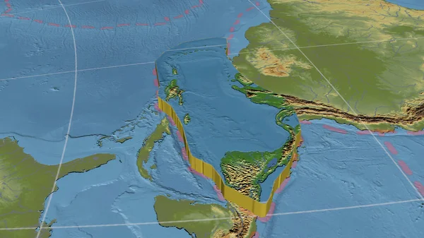 Caribbean tectonic plate enlarged, extruded and rotated to the west side the global color physical map in the Azimuthal Equidistant projection with dashed plates borders. 3D rendering