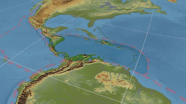 Caribbean tectonic plate enlarged and enlarged the global color physical map in the Azimuthal Equidistant projection with dashed plates borders. 3D rendering