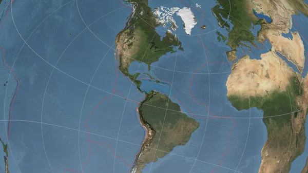 Caribbean tectonic plate overview the global satellite imagery in the Azimuthal Equidistant projection with dashed plates borders. 3D rendering