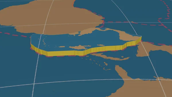 カリブ海の地殻プレートは 拡大され 押し出され 北側へと回転し 世界的な形 破線状のプレートの境界を持つ 方位角等距離の投影における陸 海のマスク だけです 3Dレンダリング — ストック写真