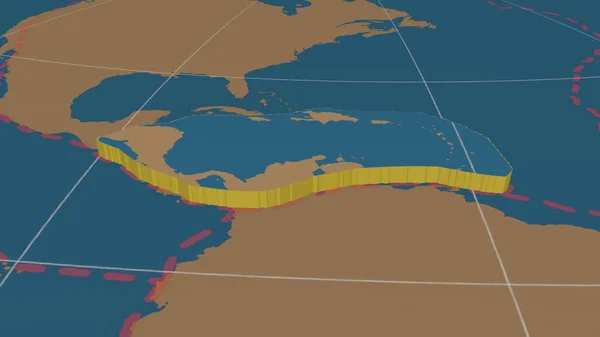 Caribbean tectonic plate enlarged, extruded and rotated to the south side the global shapes only - land/ocean mask in the Azimuthal Equidistant projection with dashed plates borders. 3D rendering