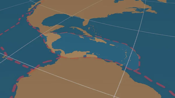 Caribbean tectonic plate enlarged and enlarged the global shapes only - land/ocean mask in the Azimuthal Equidistant projection with dashed plates borders. 3D rendering