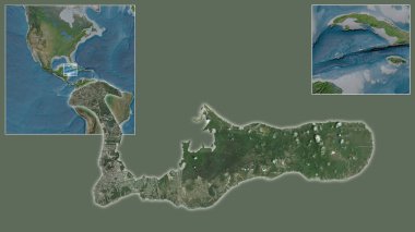 Cayman Adaları Grand Cayman 'a ve bölgedeki konumuna ve geniş çaplı bir dünya haritasının merkezine yakın. Uydu görüntüleri